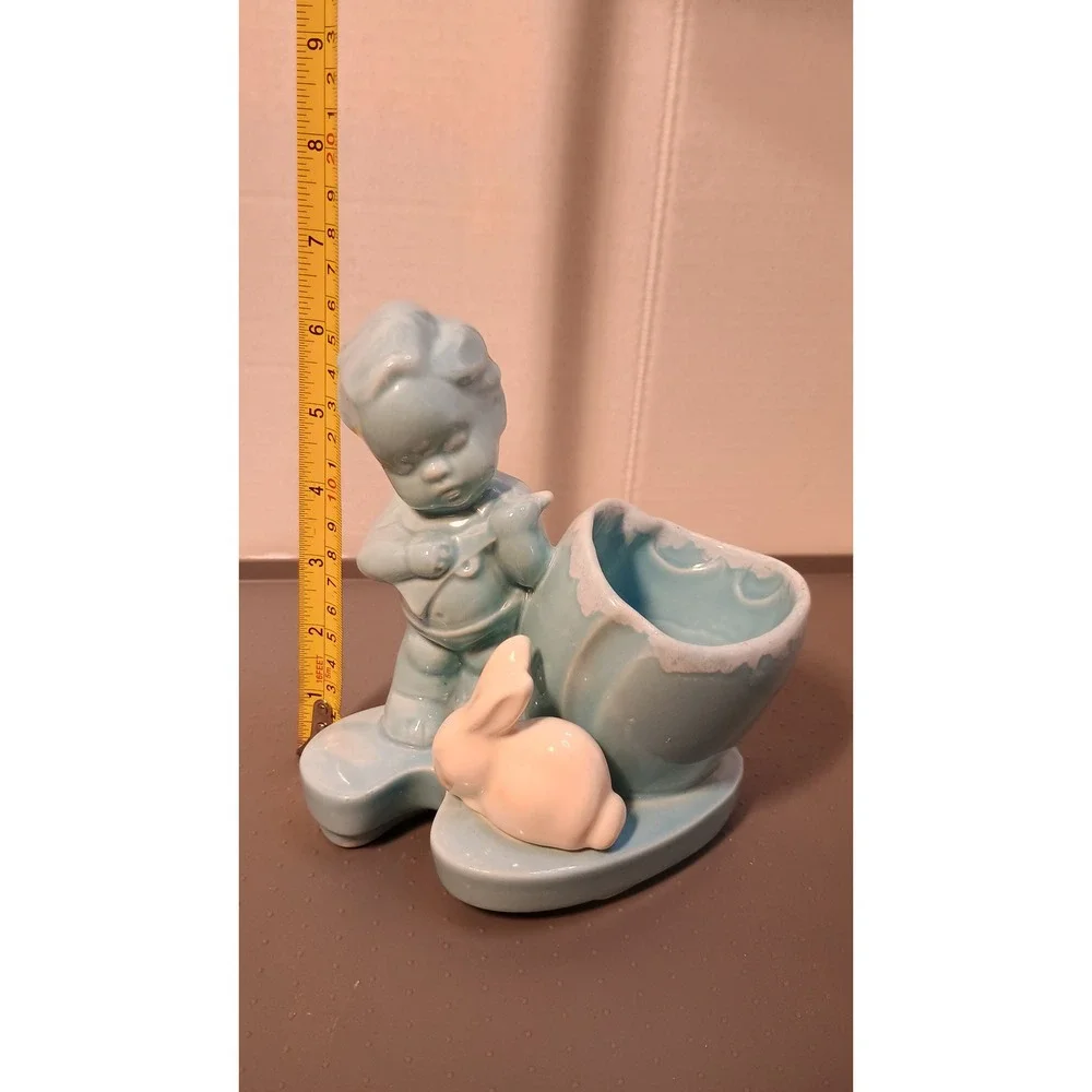 Vintage Ceramic Boy with Bunny Planter Nursery Blue White Excellent Mid Century